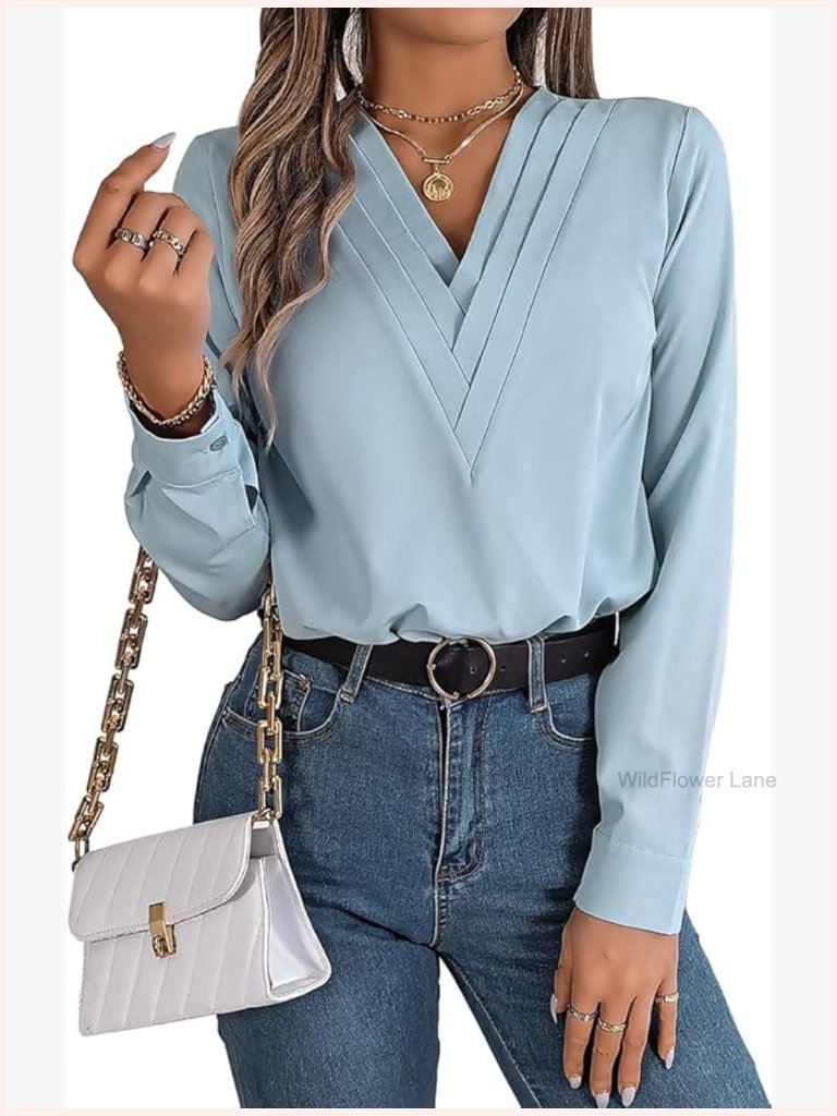 V-Neck Pleated Blouse Long Sleeve Office Wear Top Regular Fit
